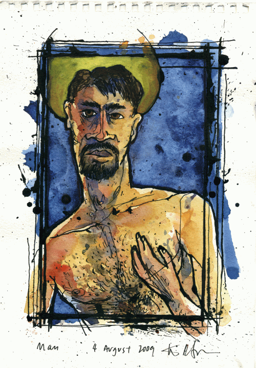 Man, 4 August 2009, India ink and watercolor on paper, about 6"x9"